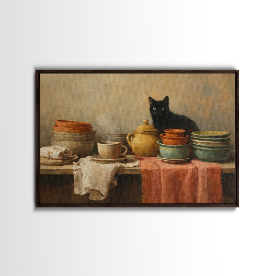 Black Cat Beside a Steaming Cup Framed Canvas Print, Coffee Shop Art, Kitchen Art, Cafe Decor, Cafe, Minimalist Wall Art, CSA-3x2-18