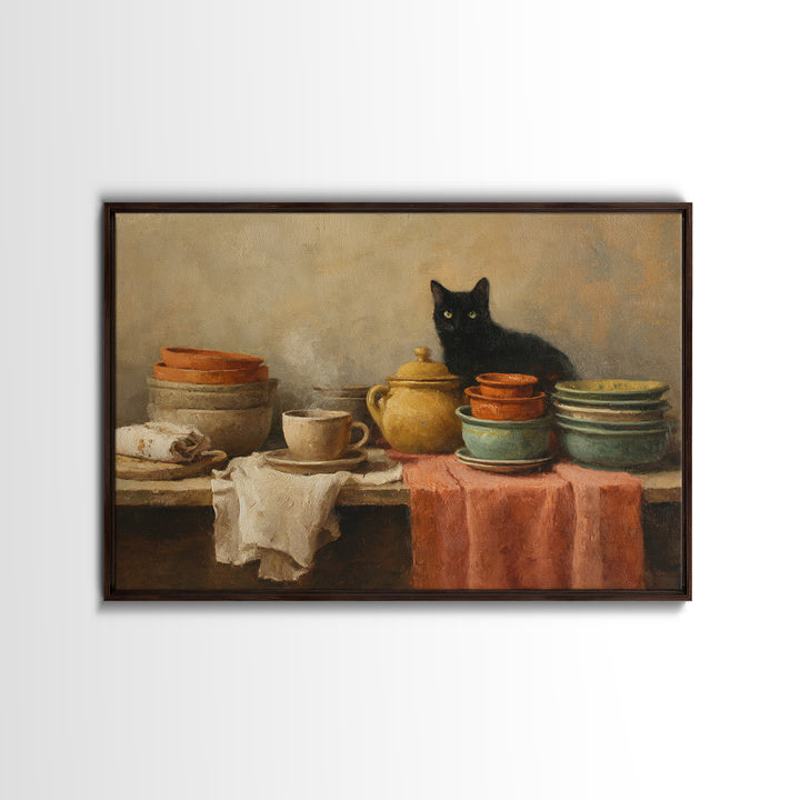 Black Cat Beside a Steaming Cup Framed Canvas Print, Coffee Shop Art, Kitchen Art, Cafe Decor, Cafe, Minimalist Wall Art, CSA-3x2-18
