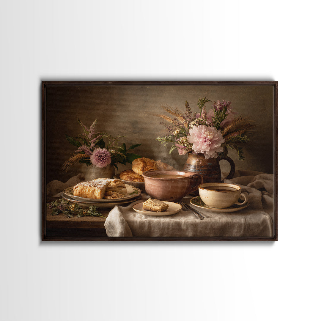 Sunlit Pastry and Coffee Arrangement Framed Canvas Print, Coffee Shop Art, Coffee Art, Cafe Decor, Fine Art, Cafe, CSA-3x2-23