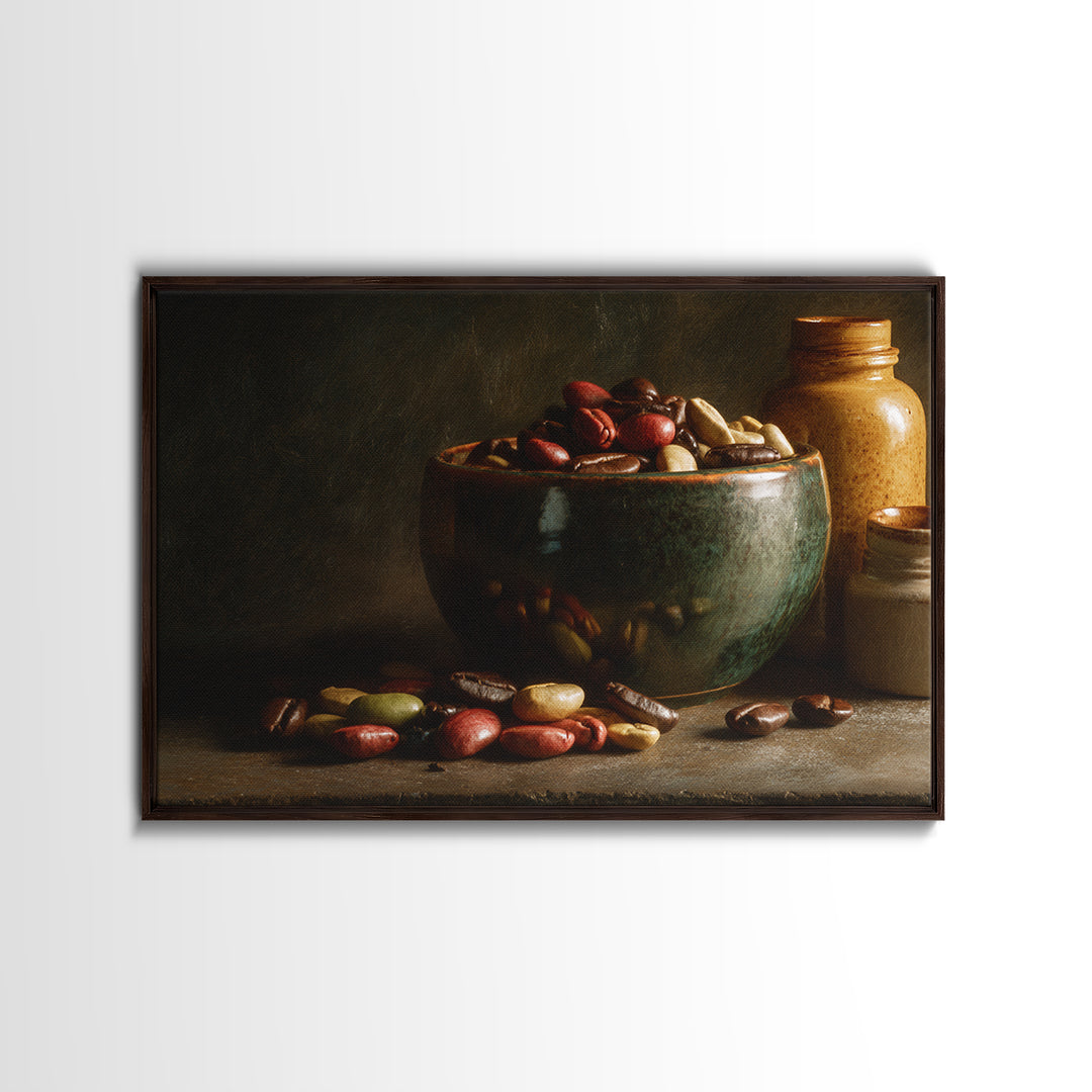Roasted Beans Falling Through Dark Space Framed Canvas Print, Coffee Shop Art, Moody Wall Art, Cafe Decor, Fine Art, Cafe, CSA-3x2-24