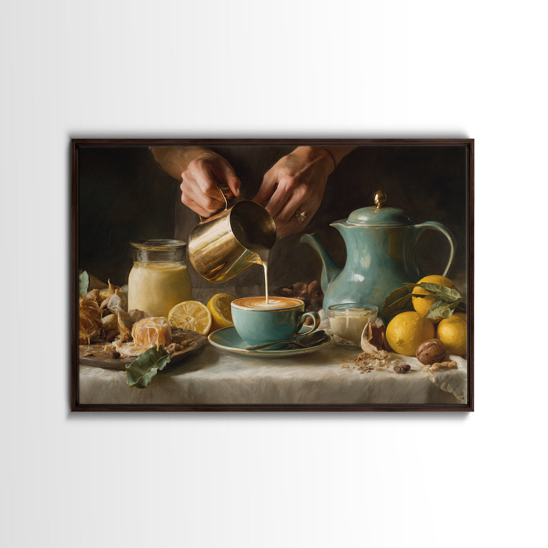 Barista Hands Pouring Milk into Espresso Framed Canvas Print, Coffee Shop Art, Minimalist Wall Art, Cafe Decor, Abstract Art, CSA-3x2-25