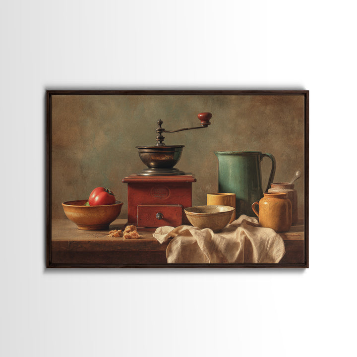 Coffee Grinder Antique Still Life Framed Canvas Print, Coffee Shop Art, Whimsical Art, Cafe Decor, Oil Painting, Cafe, CSA-3x2-40