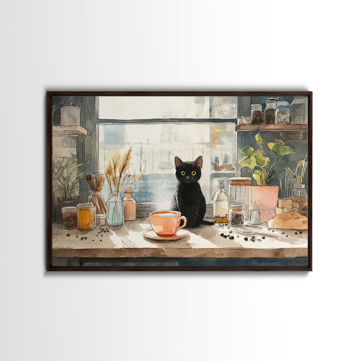 Black Cat Beside a Steaming Cup Canvas Print, Coffee Shop Art, Canvas Print, Cafe Decor, Fine Art, Cafe, Neutral Decor, CSA-3x2-42
