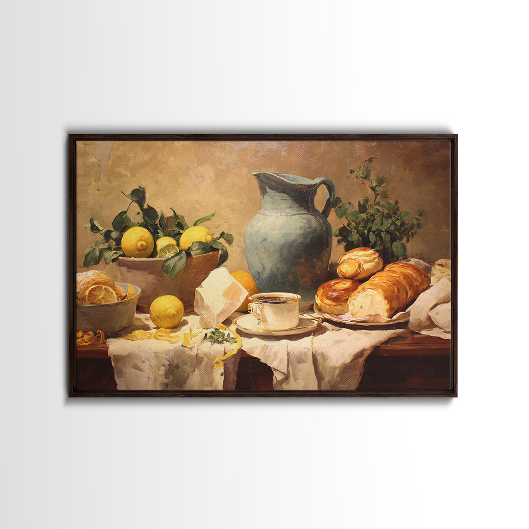 Sunlit Pastry and Coffee Arrangement Framed Canvas Print, Coffee Shop Art, Digital Wall Art, Cafe Decor, Oil Painting, Cafe, CSA-3x2-47