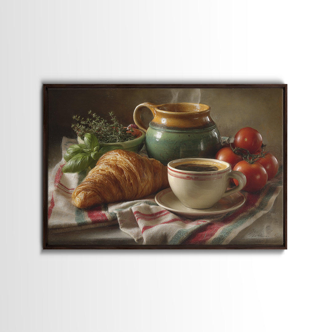 Croissant and Cappuccino on Striped Cloth Framed Canvas Print, Coffee Shop Art, Fine Art Print, Cafe Decor, Fine Art, Cafe, CSA-3x2-81