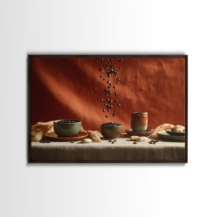 Roasted Beans Falling Through Dark Space Framed Canvas Print, Coffee Shop Art, Printable, Cafe Decor, Fine Art, Cafe, CSA-3x2-96