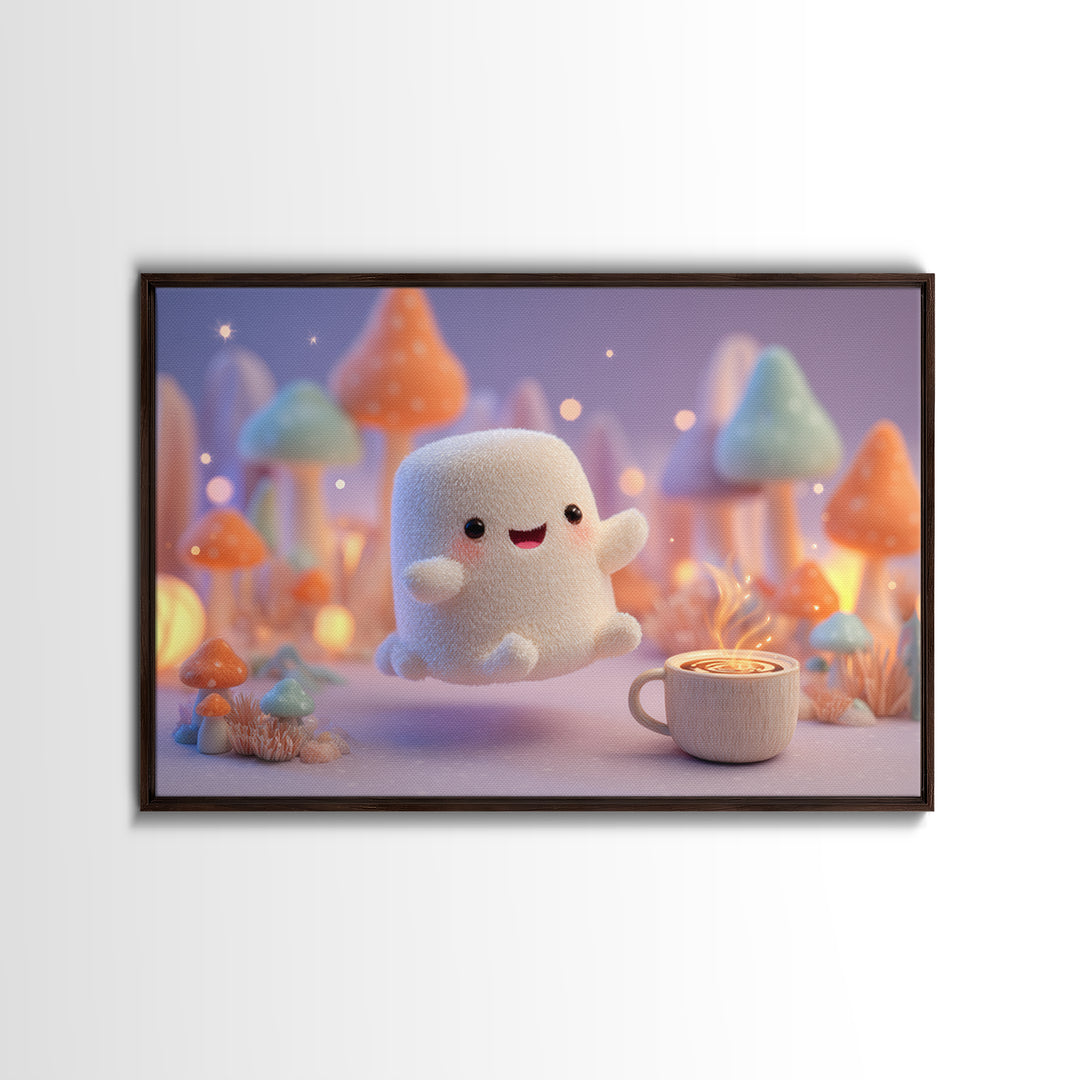 The Marshmallow Ghost, Storybook Halloween Art, Landscape Wall Art, Framed Canvas Print, Halloween Kids Decor, Whimsical Wall Art
