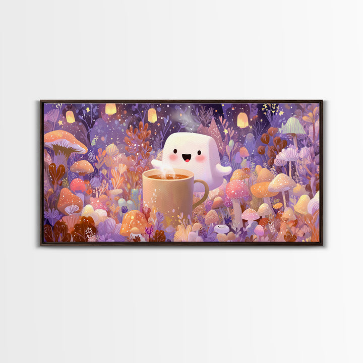 The Marshmallow Ghost, Storybook Halloween Art, Wide Panoramic Art, Canvas Print, Halloween Kids Decor, Whimsical Wall Art