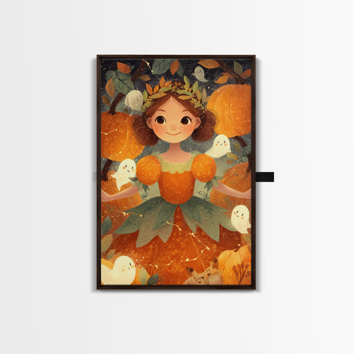 The Pumpkin Princess, Cute Spooky Wall Art, Vertical Wall Art, Canvas Print, Halloween Kids Decor, Whimsical Wall Art, Spooky Wall Decor