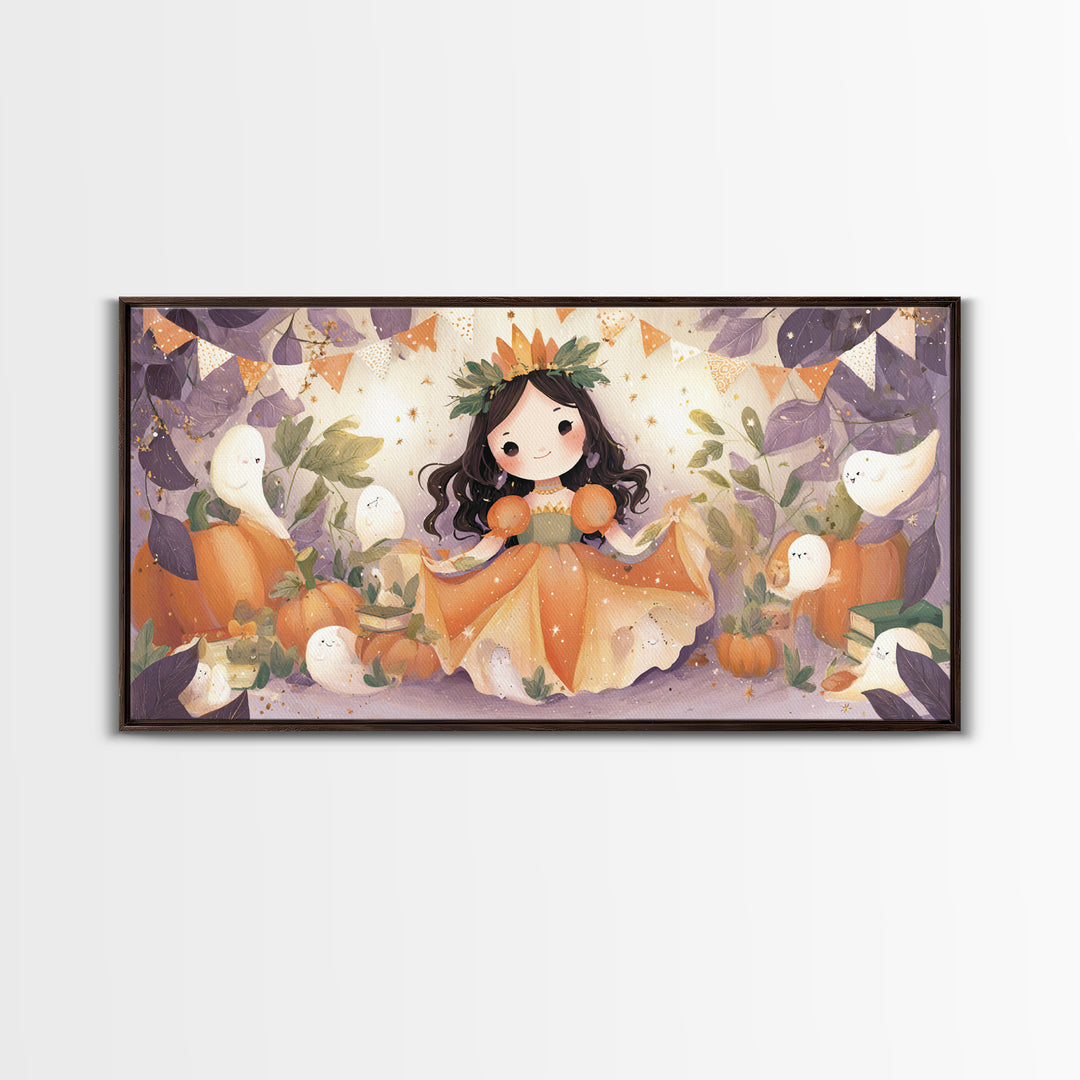 The Pumpkin Princess, Cute Halloween Wall Art, Wide Panoramic Art, Framed Canvas Print, Halloween Kids Decor, Whimsical Wall Art