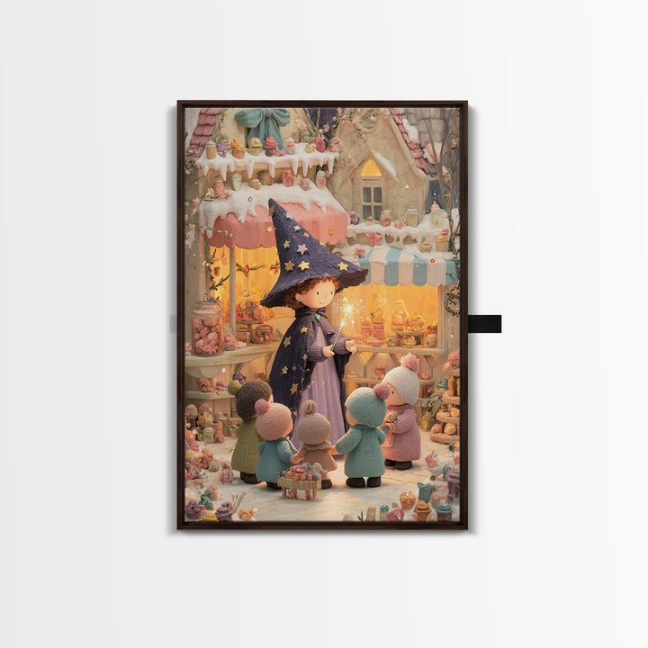 The Little Star Witch, Cute Halloween Wall Art, Vertical Wall Art, Framed Canvas Print, Halloween Kids Decor, Whimsical Wall Art