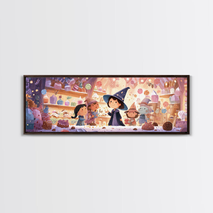The Little Star Witch, Storybook Halloween Art, Extra Wide Wall Art, Framed Canvas Print, Halloween Kids Decor, Whimsical Wall Art