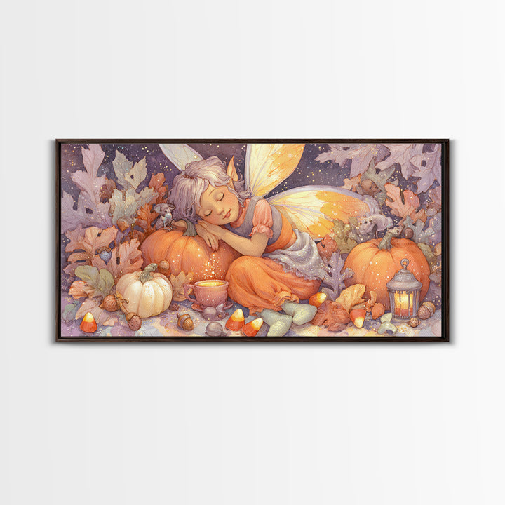 The Candy Corn Fairy, Storybook Halloween Art, Wide Panoramic Art, Canvas Print, Halloween Kids Decor, Whimsical Wall Art