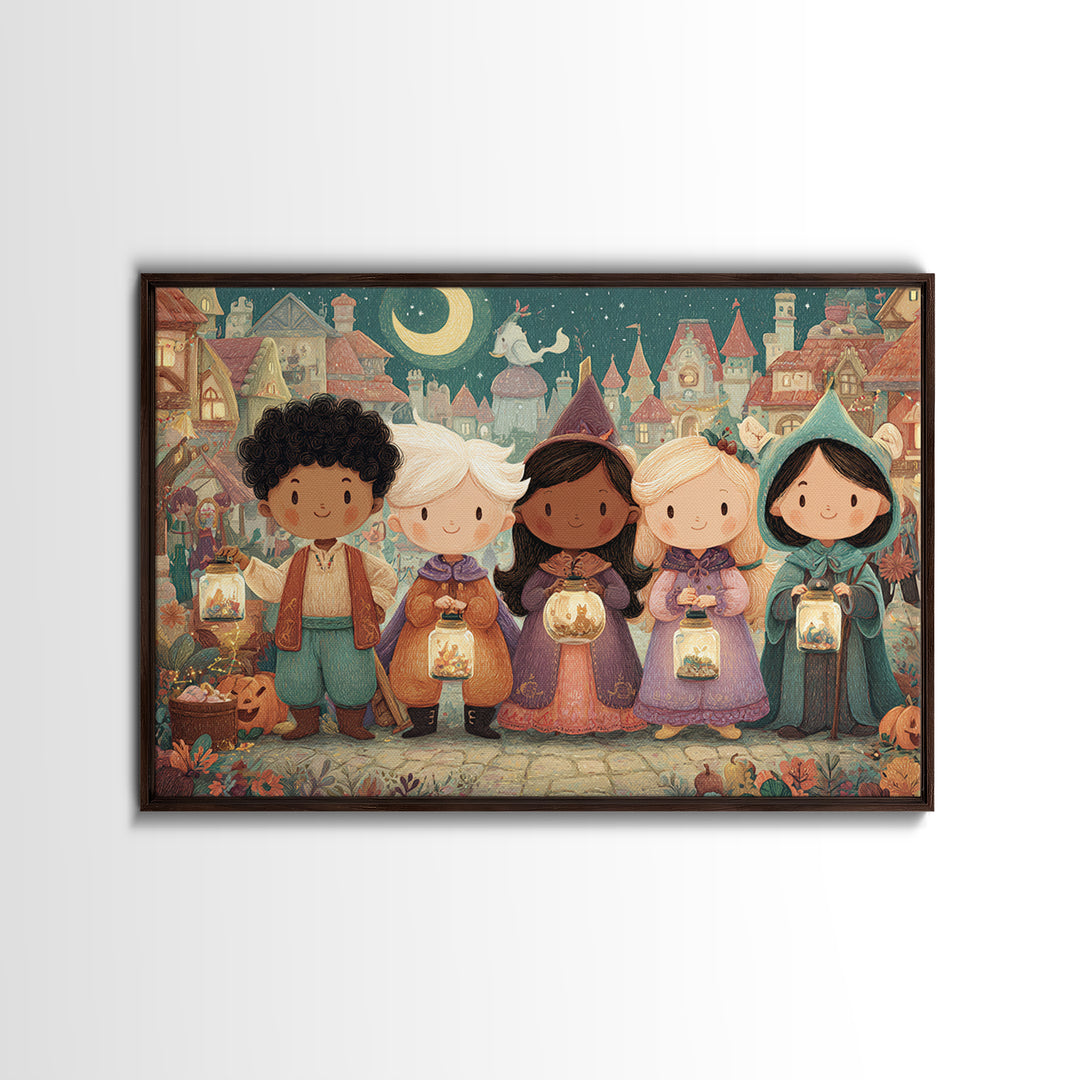 The Moonbeam Wizard, Whimsical Halloween Art, Landscape Wall Art, Framed Canvas Print, Halloween Kids Decor, Whimsical Wall Art