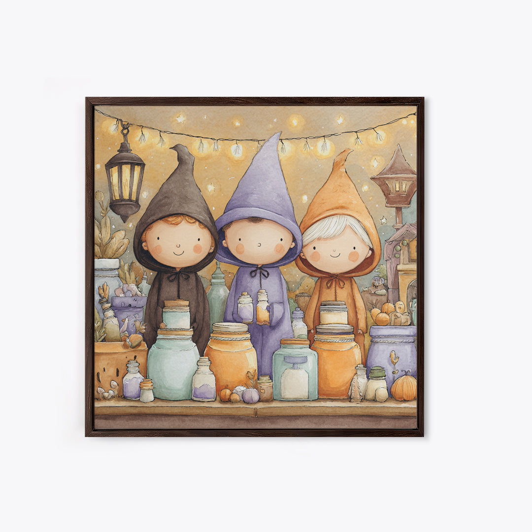 The Moonbeam Wizard, Storybook Halloween Art, Square Wall Art, Framed Canvas Print, Halloween Kids Decor, Whimsical Wall Art