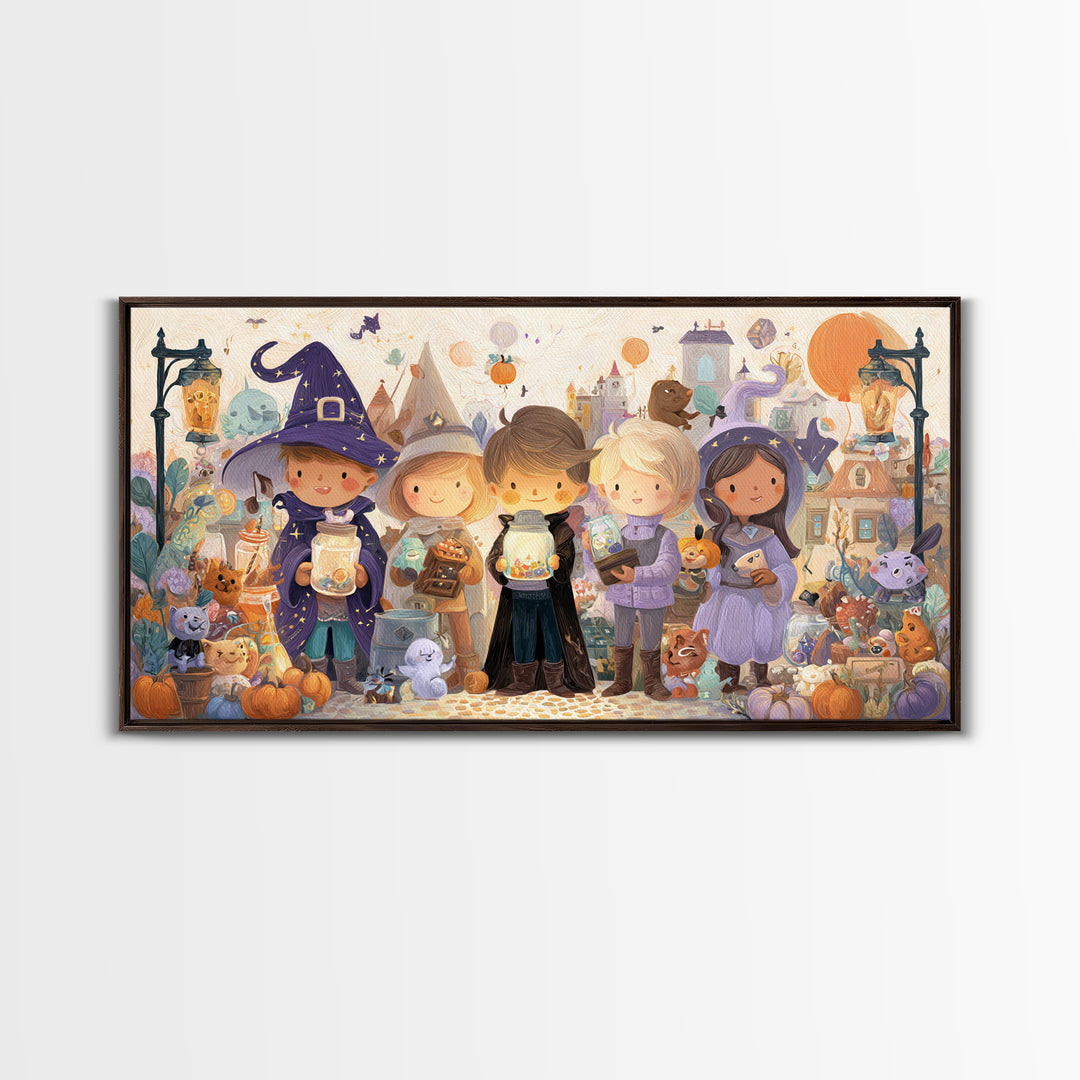 The Moonbeam Wizard, Whimsical Halloween Art, Wide Panoramic Art, Canvas Print, Halloween Kids Decor, Whimsical Wall Art, Horror Wall Art