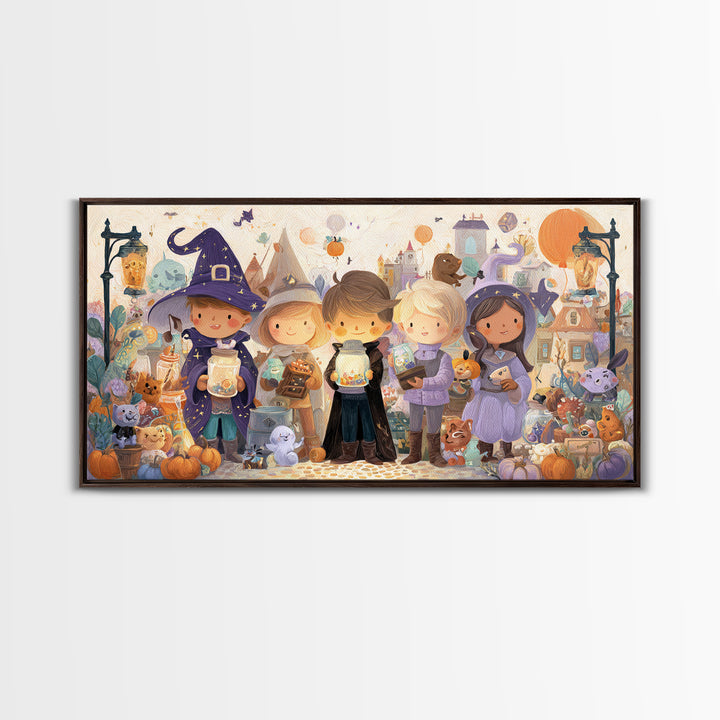 The Moonbeam Wizard, Whimsical Halloween Art, Wide Panoramic Art, Canvas Print, Halloween Kids Decor, Whimsical Wall Art, Horror Wall Art