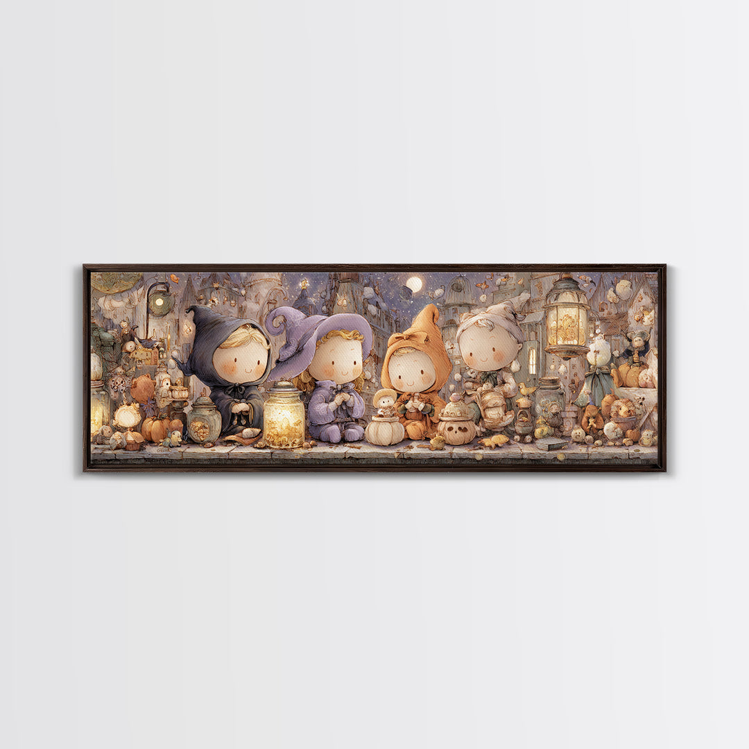 The Moonbeam Wizard, Whimsical Halloween Art, Extra Wide Wall Art, Framed Canvas Print, Halloween Kids Decor, Whimsical Wall Art