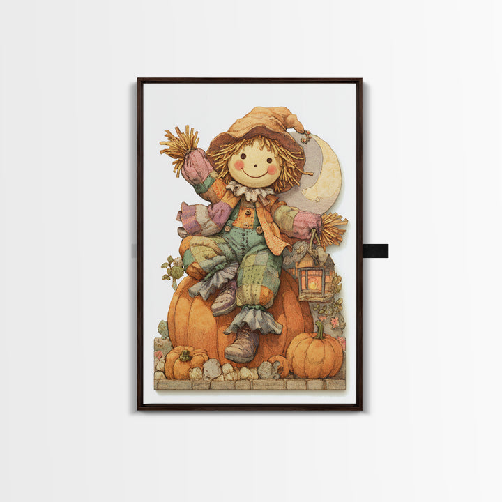 The Button-Nosed Scarecrow, Whimsical Halloween Art, Vertical Wall Art, Canvas Print, Halloween Kids Decor, Whimsical Wall Art