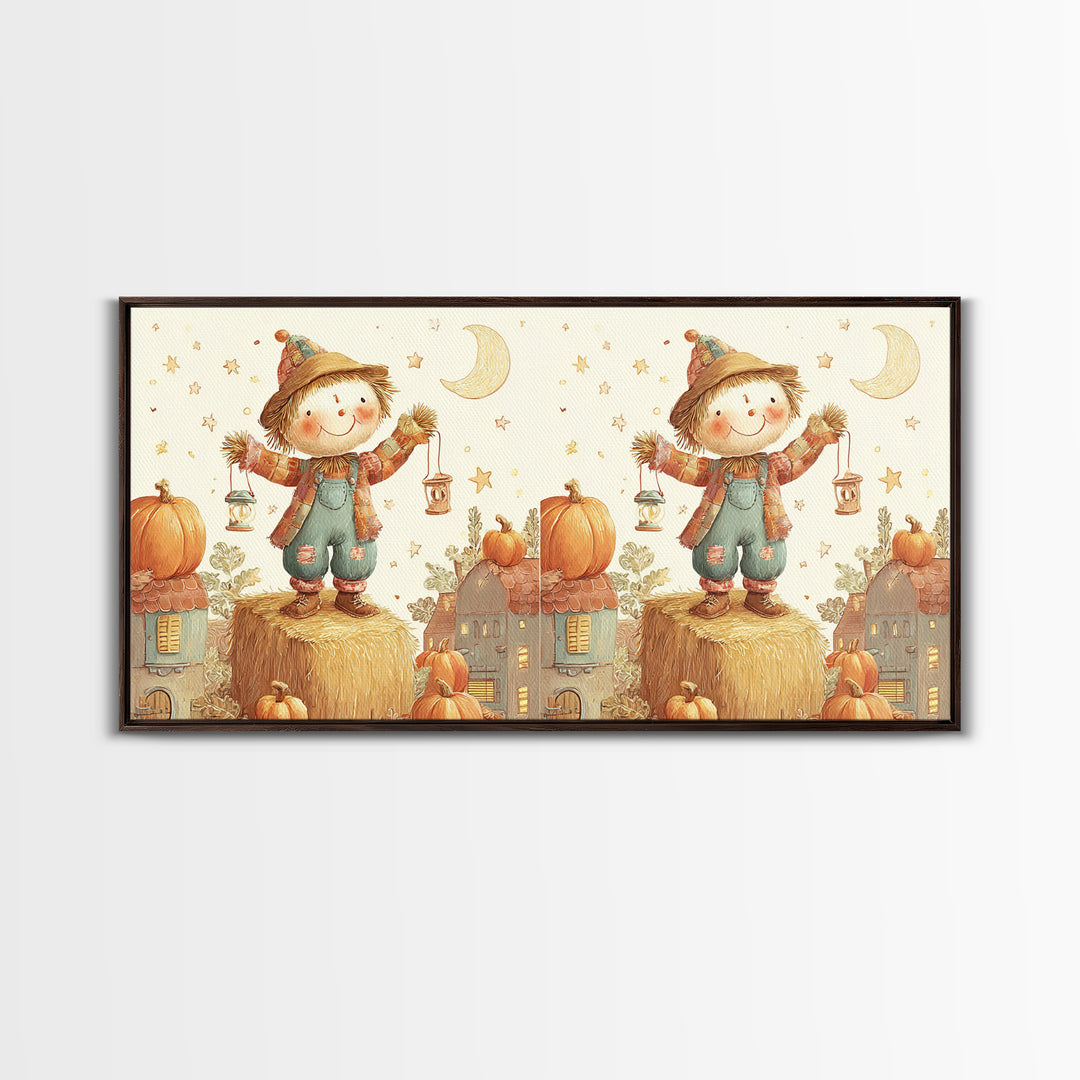 The Button-Nosed Scarecrow, Cute Halloween Wall Art, Wide Panoramic Art, Canvas Print, Halloween Kids Decor, Whimsical Wall Art