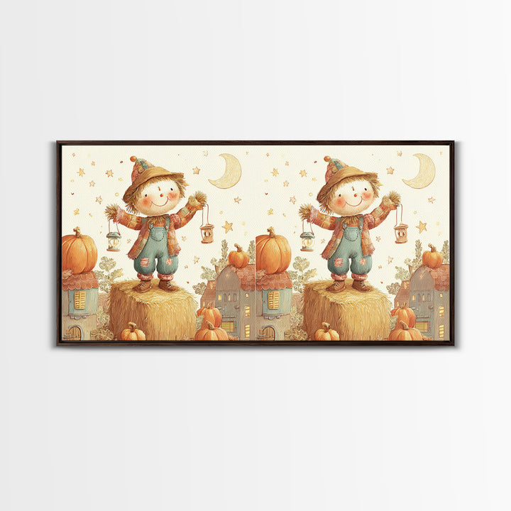 The Button-Nosed Scarecrow, Cute Halloween Wall Art, Wide Panoramic Art, Canvas Print, Halloween Kids Decor, Whimsical Wall Art