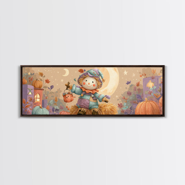 The Button-Nosed Scarecrow, Kids Halloween Decor, Extra Wide Wall Art, Canvas Print, Halloween Kids Decor, Whimsical Wall Art