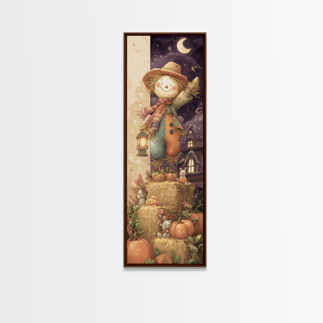 The Button-Nosed Scarecrow, Whimsical Halloween Art, Tall Narrow Wall Art, Canvas Print, Halloween Kids Decor, Whimsical Wall Art