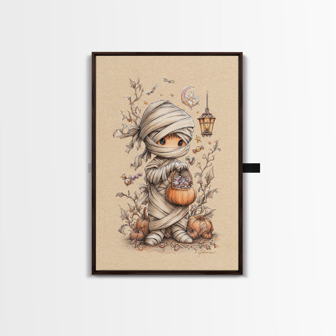 The Shy Little Mummy, Hand Sketch Halloween Art, Vertical Wall Art, Canvas Print, Cute Halloween Wall Art