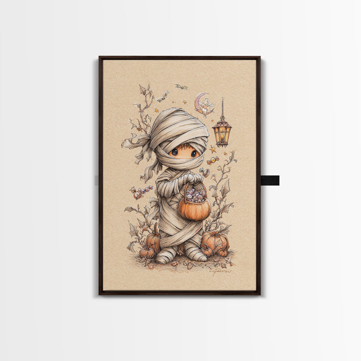 The Shy Little Mummy, Hand Sketch Halloween Art, Vertical Wall Art, Canvas Print, Cute Halloween Wall Art