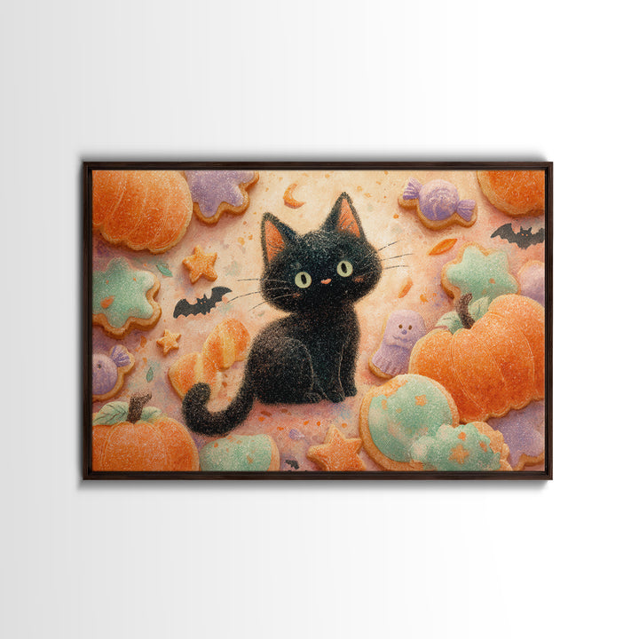 The Black Cat Baker, Watercolor Halloween Art, Landscape Wall Art, Framed Canvas Print, Cute Halloween Wall Art