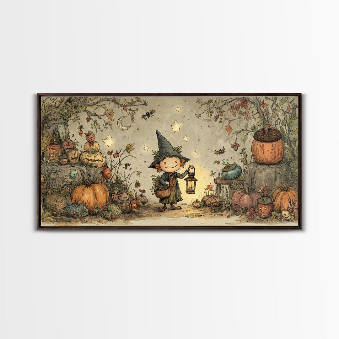 The Acorn Goblin, Crayon Halloween Art, Wide Panoramic Art, Framed Canvas Print, Cute Halloween Wall Art