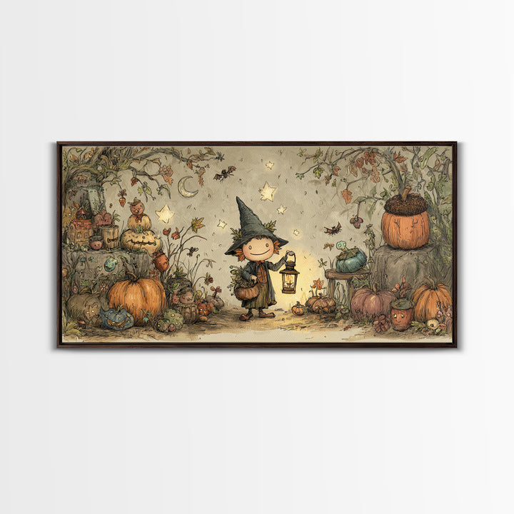 The Acorn Goblin, Crayon Halloween Art, Wide Panoramic Art, Framed Canvas Print, Cute Halloween Wall Art