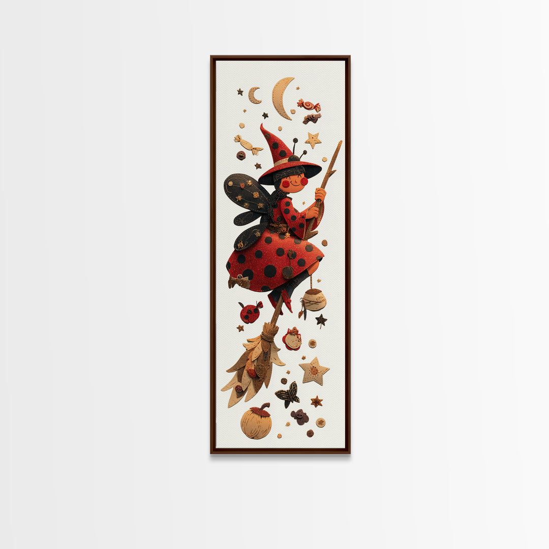 The Ladybug Witch, Paper Collage Halloween, Tall Narrow Wall Art, Framed Canvas Print, Cute Halloween Wall Art
