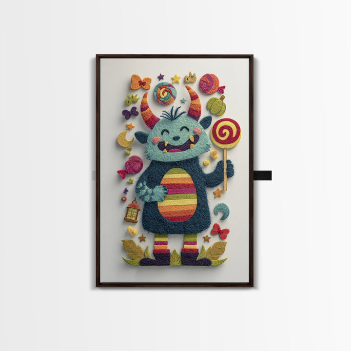 The Rainbow Monster, Felt Halloween Art, Vertical Wall Art, Canvas Print, Cute Halloween Wall Art, Whimsical Nursery Decor