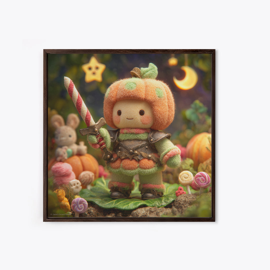 The Pumpkin Knight, Plush Halloween Art, Square Wall Art, Canvas Print, Cute Halloween Wall Art, Halloween Kids Decor