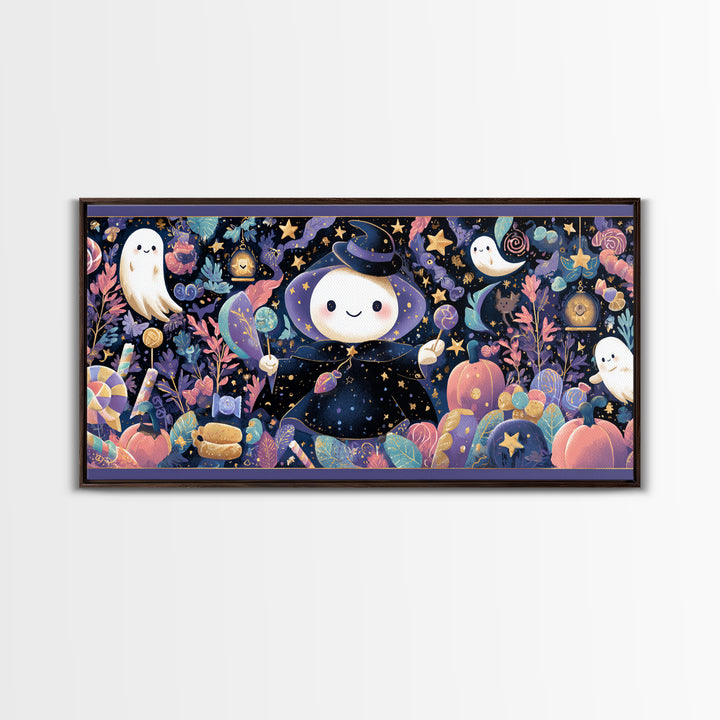 The Star-Cape Magician, Kawaii Halloween Art, Wide Panoramic Art, Framed Canvas Print, Cute Halloween Wall Art
