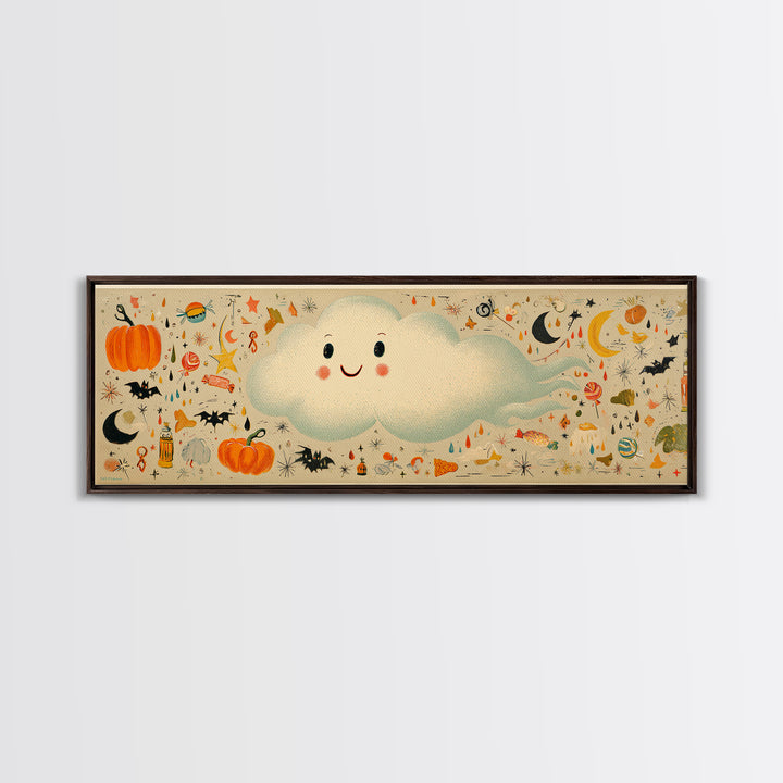 The Cloud Ghost, Retro Halloween Art, Extra Wide Wall Art, Canvas Print, Cute Halloween Wall Art, Cozy Autumn Kids Decor