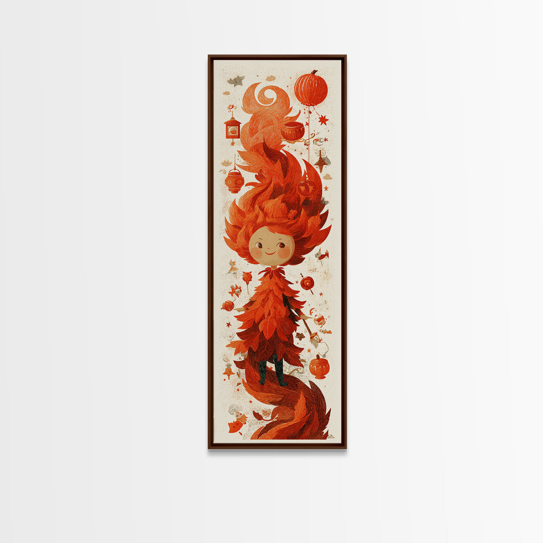 The Autumn Leaf Sprite, Screenprint Halloween Art, Tall Narrow Wall Art, Framed Canvas Print, Cute Halloween Wall Art