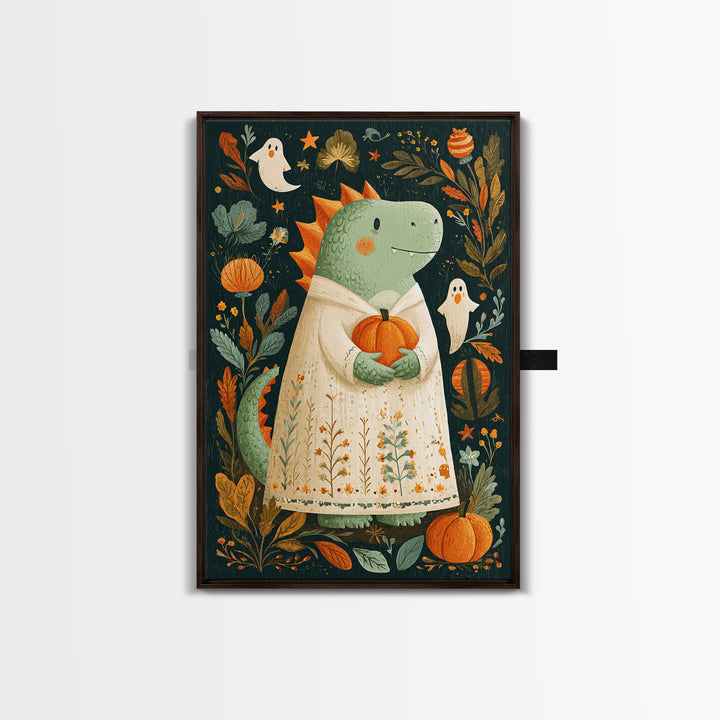The Sleepy Costume Dragon, Folk Halloween Art, Vertical Wall Art, Canvas Print, Cute Halloween Wall Art