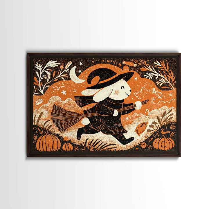 The Bunny Witch, Linocut Halloween Art, Landscape Wall Art, Framed Canvas Print, Cute Halloween Wall Art