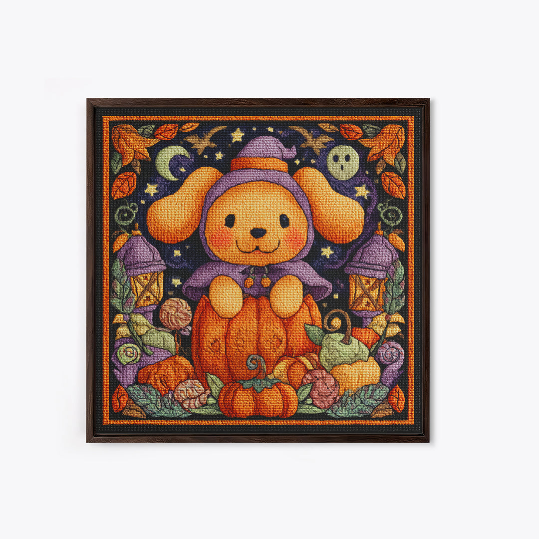 The Pumpkin Puppy, Embroidered Halloween Art, Square Wall Art, Canvas Print, Cute Halloween Wall Art