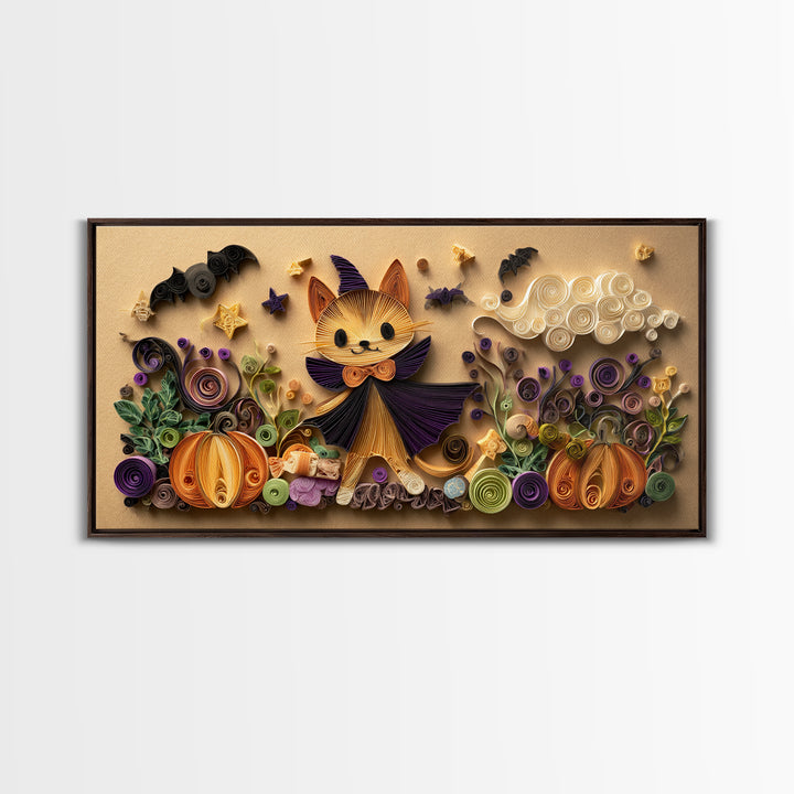The Kitten Vampire, Quilled Halloween Art, Wide Panoramic Art, Framed Canvas Print, Cute Halloween Wall Art