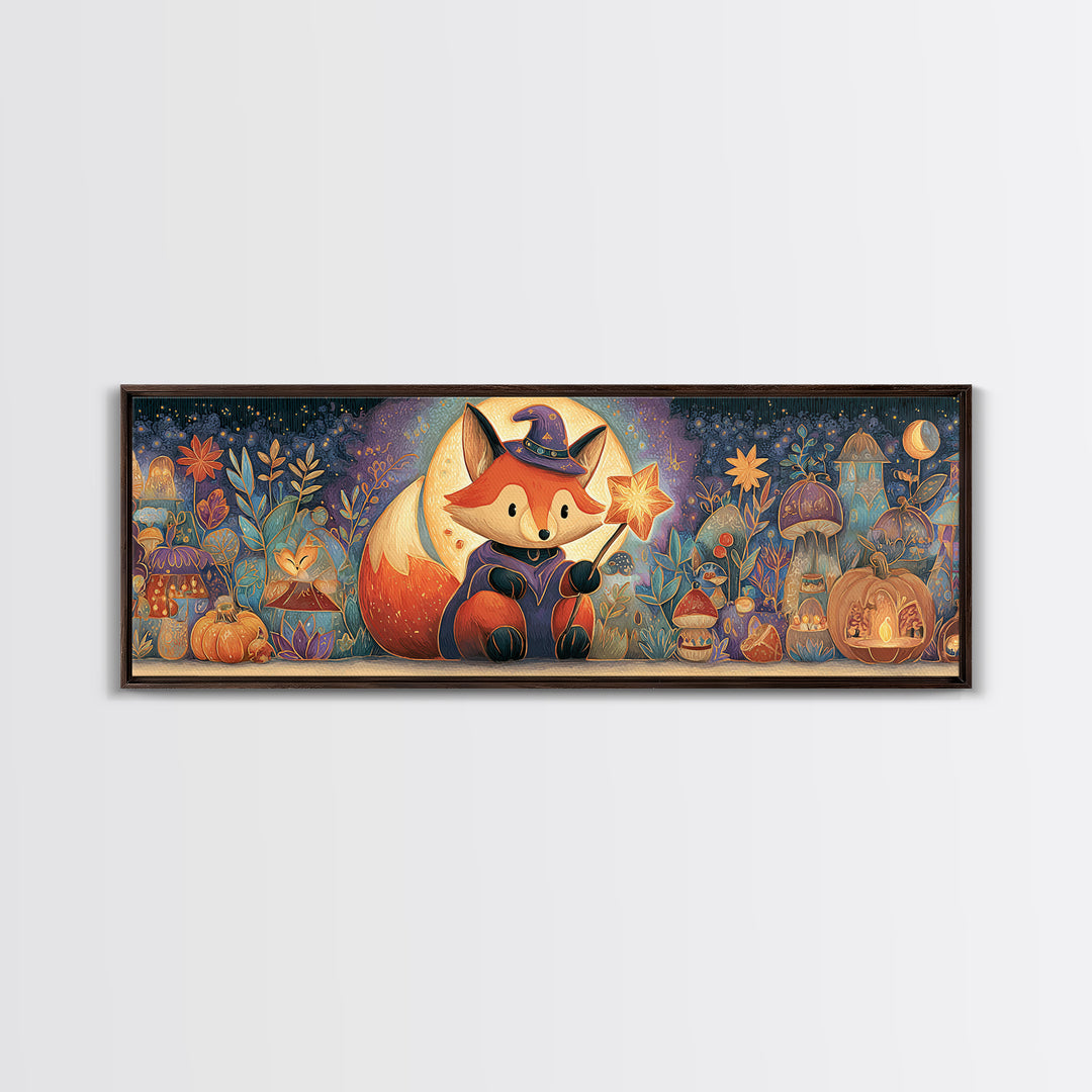 The Fox Wizard, Stained Glass Halloween, Extra Wide Wall Art, Canvas Print, Cute Halloween Wall Art, Cozy Autumn Kids Decor