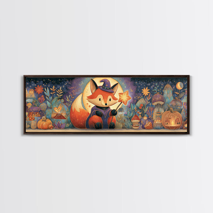 The Fox Wizard, Stained Glass Halloween, Extra Wide Wall Art, Canvas Print, Cute Halloween Wall Art, Cozy Autumn Kids Decor