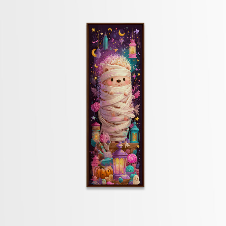 The Hedgehog Mummy, Vaporwave Halloween Art, Tall Narrow Wall Art, Framed Canvas Print, Cute Halloween Wall Art