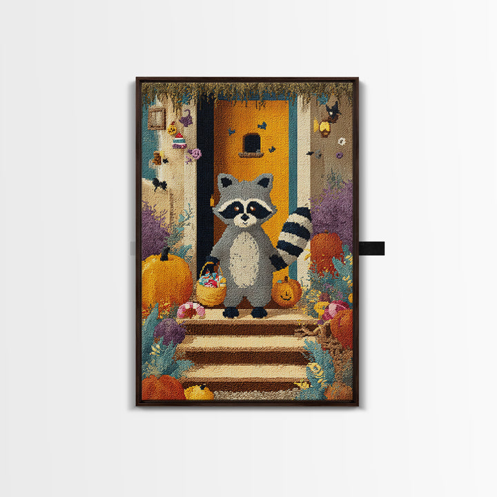 The Raccoon Trick-Or-Treater, Pixel Halloween Art, Vertical Wall Art, Canvas Print, Cute Halloween Wall Art