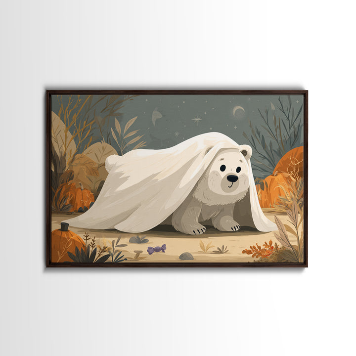 The Bear Cub Ghost, Vector Halloween Art, Landscape Wall Art, Framed Canvas Print, Cute Halloween Wall Art