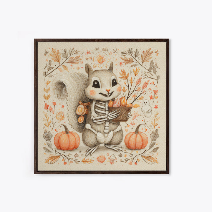The Squirrel Skeleton, Hand Sketch Halloween Art, Square Wall Art, Canvas Print, Cute Halloween Wall Art