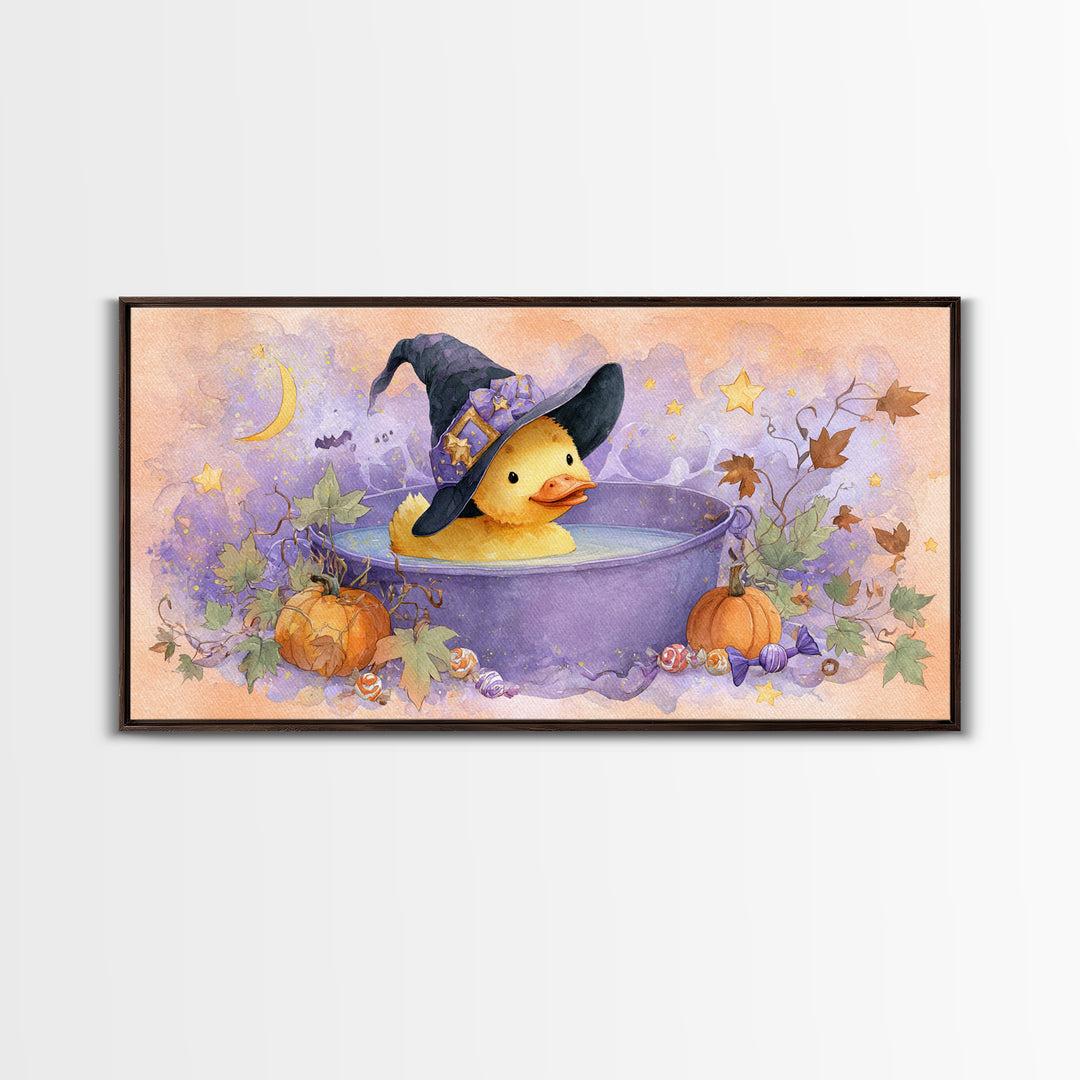 The Duckling Witch, Watercolor Halloween Art, Wide Panoramic Art, Framed Canvas Print, Cute Halloween Wall Art
