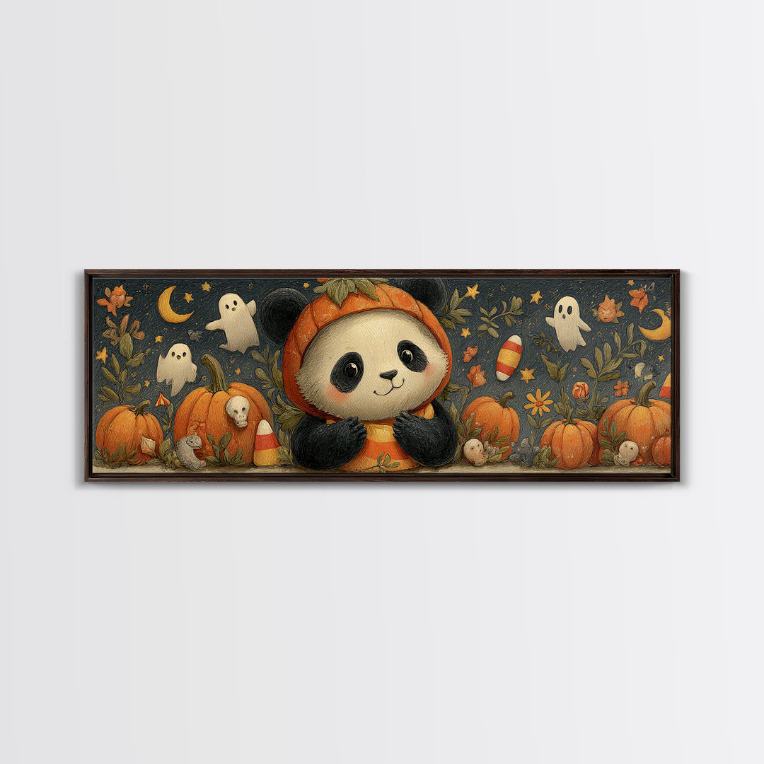 The Panda Pumpkin, Gouache Halloween Art, Extra Wide Wall Art, Canvas Print, Cute Halloween Wall Art